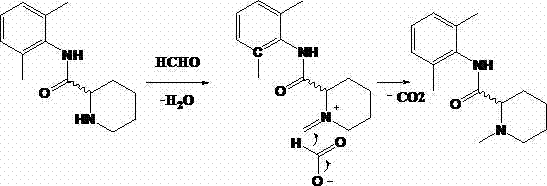 Reaction mechanism showing iminium ion formation and formate reduction to tertiary amine