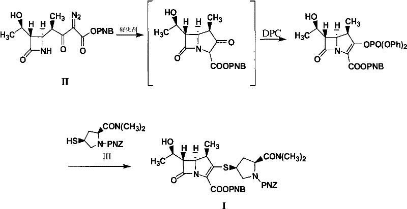 Reaction scheme showing the conversion of Compound II to Compound I via intermediate IV using catalyst and DPC