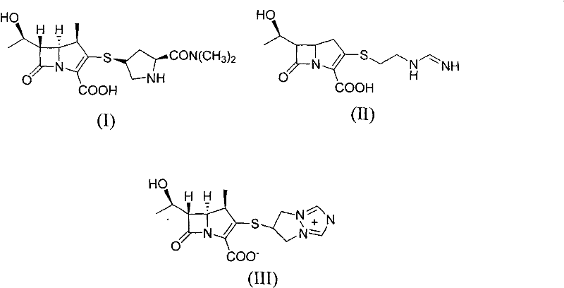 Chemical structures of Meropenem (I), Imipenem (II), and Biapenem (III) representing the carbapenem class
