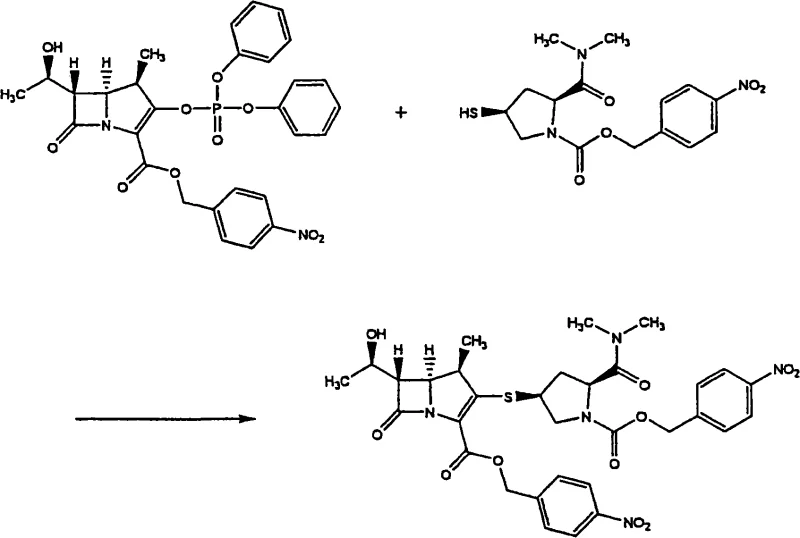 Reaction scheme showing the coupling of Compound 2 and Compound 3 to form the meropenem intermediate