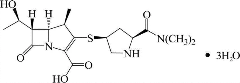 Chemical structural formula of Meropenem showing the beta-lactam ring and side chains susceptible to hydrolysis