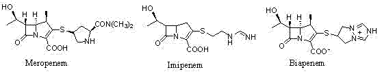 Chemical structures of Meropenem, Imipenem, and Biapenem showing the core carbapenem scaffold