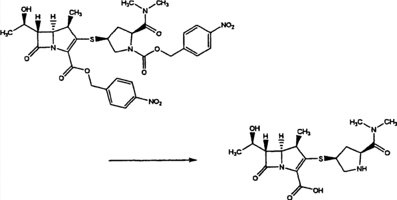 Hydrogenation reaction converting intermediate Formula 3 to final Meropenem Formula 4