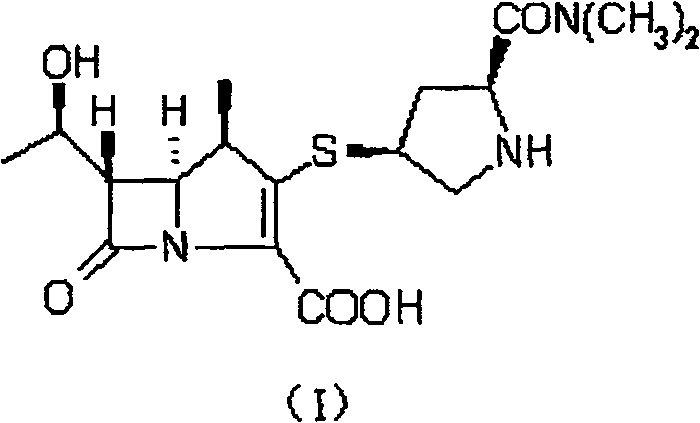 Chemical structure of Meropenem (I) showing the beta-lactam core and pyrrolidine side chain