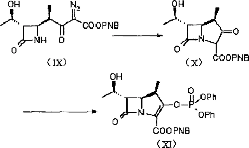 Reaction scheme showing the conversion of diazo compound IX to enol phosphate XI via cyclization