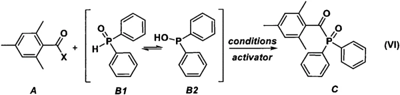 Reaction scheme showing activator mediated synthesis of mesityloyl diphenylphosphine oxide