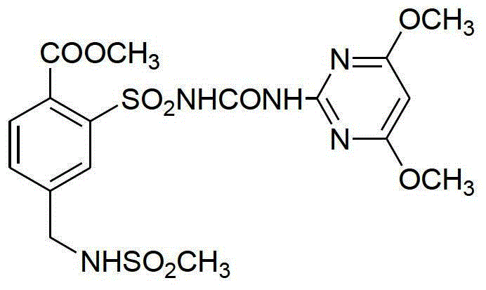 Chemical structure of Mesosulfuron-methyl showing the sulfonylurea and pyrimidine moieties