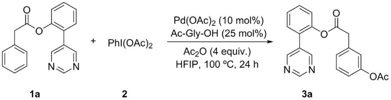 Reaction scheme for meta-acetoxylation of phenylacetic acid derivative 1a to 3a