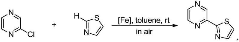 General reaction scheme showing the oxidative coupling of halopyrazine and thiazole catalyzed by the iron complex