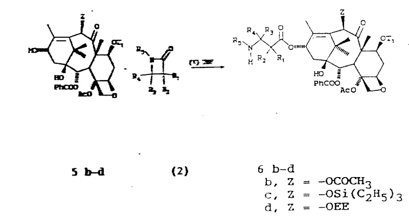 Reaction scheme showing the coupling of 13-O-lithium-7-O-triethylsilyl baccatin derivative with beta-lactam to form the protected taxol intermediate