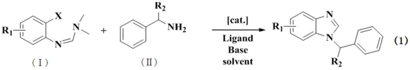 General reaction scheme for metal-catalyzed synthesis of 1-benzylamino-substituted benzimidazole using ortho-haloaryl-N,N-dimethylformamidine and primary amine