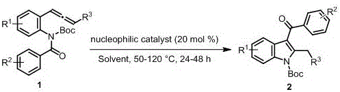 General reaction scheme for metal-free synthesis of 3-acyl indole compounds using nucleophilic catalysts
