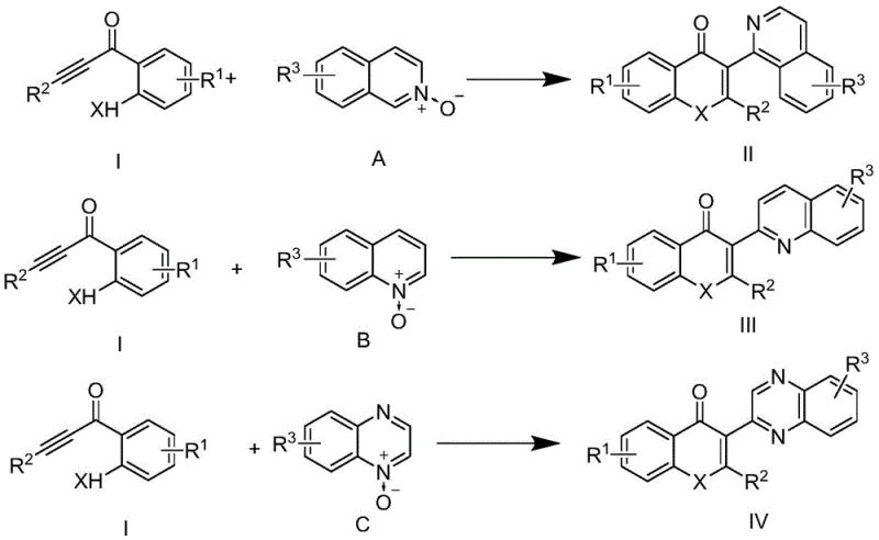 General reaction scheme showing alkynone and N-oxide reacting to form flavone derivatives