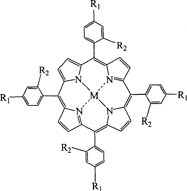 General formula of metalloporphyrin showing central metal M coordinated with four pyrrole rings and substituted phenyl groups