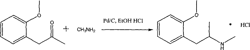 Reaction scheme showing the Pd/C catalyzed reductive amination of o-methoxy phenyl acetone with methylamine to form Methoxyphenamine Hydrochloride