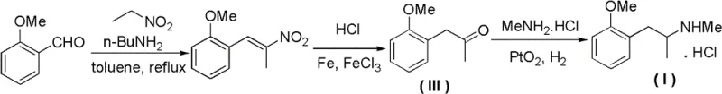 Traditional synthesis route of Methoxyphenamine involving nitroethane condensation and iron reduction