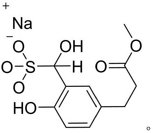 Chemical structure of the sodium bisulfite adduct of methyl 3-formyl-4-hydroxyphenylacetate showing the sulfonate group attachment