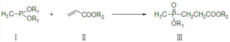 General reaction scheme showing dialkyl methylphosphonate reacting with acrylate in protonic solvent