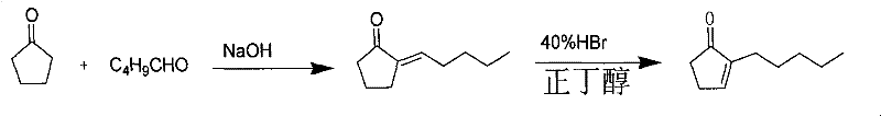 Synthesis pathway of 2-pentylcyclopentenone from cyclopentanone and valeraldehyde