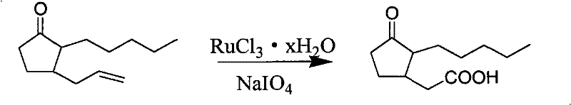 Oxidative cleavage of 2-pentyl-3-allylcyclopentanone to dihydrojasmonic acid using RuCl3 and NaIO4