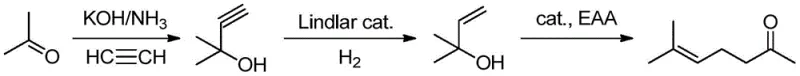 Reaction scheme of the traditional acetylene-acetone method showing multiple steps and waste generation