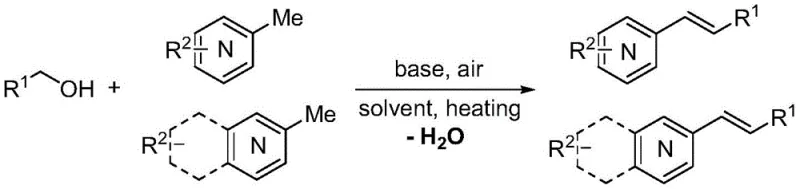 General reaction scheme for transition-metal-free alkenylation of methyl heterocycles with alcohols using base and air