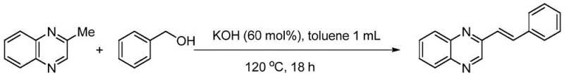 Specific example reaction of 2-methylquinoxaline with benzyl alcohol to form E-2-styrylquinoxaline