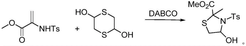 Reaction scheme showing DABCO catalyzed cyclization of 1,4-dithio-2,5-diol and sulfonamide acrylate to form thiazolidine ester
