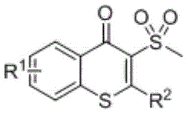 General chemical structure of 3-methylsulfonyl substituted thioflavonoid compounds showing variable R1 and R2 groups