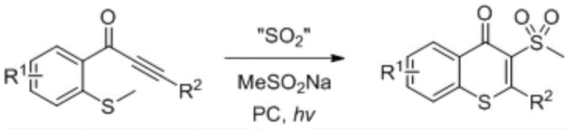 General reaction scheme showing the conversion of methylthio-substituted alkynone to 3-methylsulfonyl thioflavonoid using SO2 source and photosensitizer