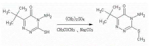 Reaction equation for the novel KI-catalyzed methylation of triazinone thiol using dimethyl sulfate