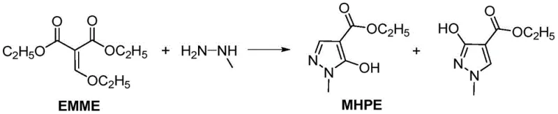 Conventional synthesis route of MHPE from EMME showing isomer by-product formation
