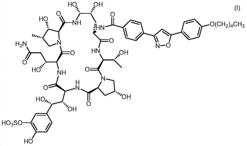Chemical structure of Micafungin showing the complex lipopeptide backbone and side chain