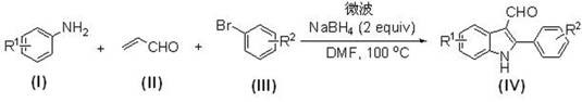 General reaction scheme for microwave-promoted synthesis of 2-phenyl-3-aldehyde indoles using aniline, acrolein, and bromobenzene