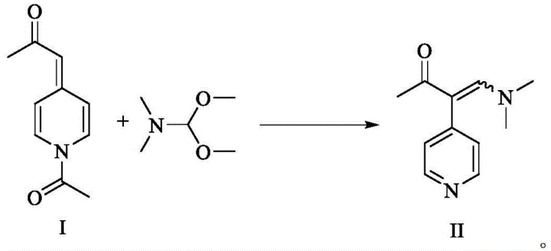 Reaction scheme converting solid Intermediate I to enaminone Intermediate II using DMF-DMA