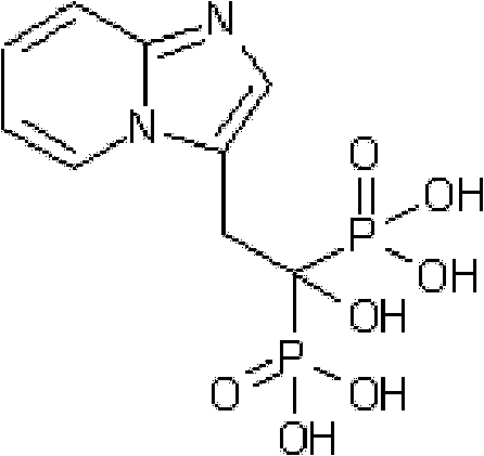Chemical structure of Minodronic Acid showing the imidazo[1,2-a]pyridine core and bisphosphonic acid groups