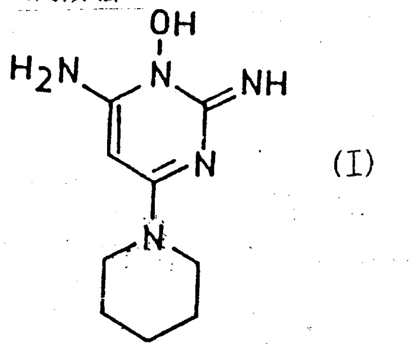 Chemical structure of Formula I, 6-amino-1,2-dihydro-1-hydroxy-2-imino-4-piperidinopyrimidine (Minoxidil)