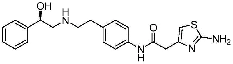 Chemical structure of Mirabegron showing the core aromatic ethanolamine receptor agonist framework
