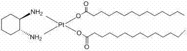 Chemical structure of Miriplatin Hydrate showing the lipophilic tetradecanoate ligands