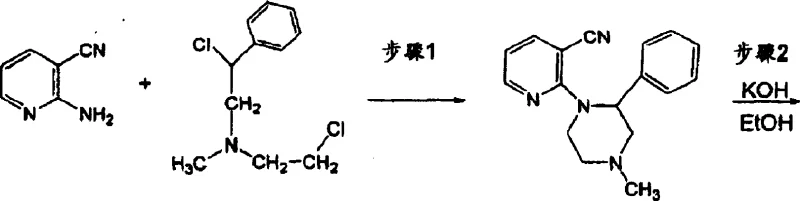 Prior art synthetic route showing excessive base usage in nitrile hydrolysis