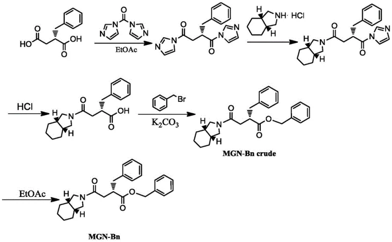 Synthetic route for Mitiglinide intermediate showing CDI activation and esterification steps