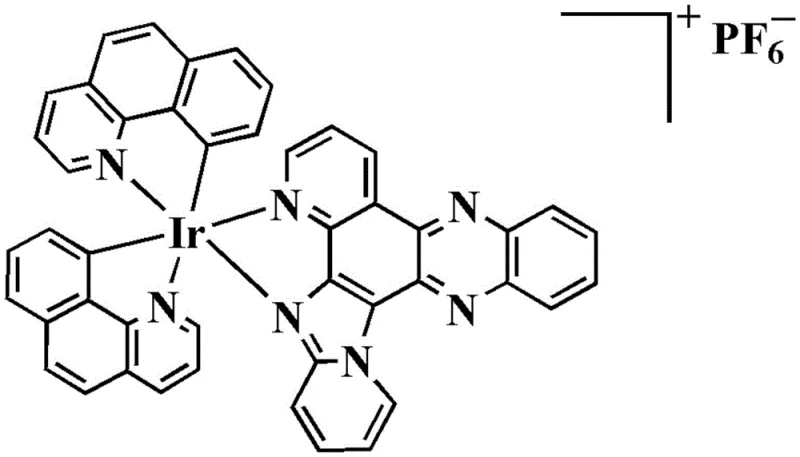 Chemical structure of the mixed quinoline derivative iridium(III) complex showing the cationic iridium center coordinated by benzoquinoline and the large phenazine-based ligand