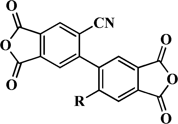 General structural formula of cyano-modified biphenyl dianhydride intermediate showing variable R groups