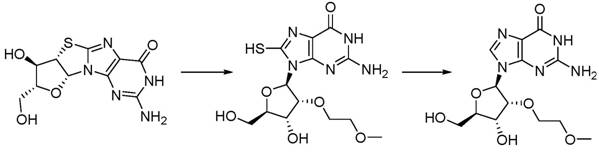 Complex multi-step synthesis route using borate and Raney nickel desulfurization
