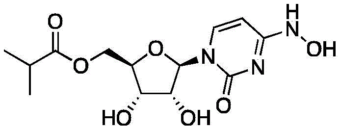 Chemical structure of Molnupiravir (Compound I) showing the uridine base with 5'-isobutyrate and 4-oxime modifications