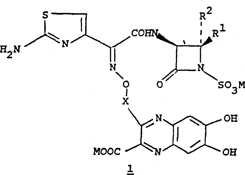 General structure of Formula I monocyclic beta-lactam antibiotic intermediates showing the quinoxaline side chain and beta-lactam core