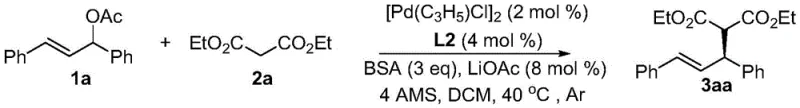 Specific example of asymmetric allylic alkylation using ligand L2 showing high yield and ee