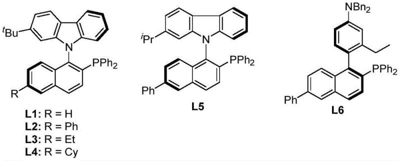 Structures of novel monodentate phosphine ligands L1 to L6 derived from axially chiral scaffolds