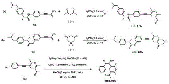 Late-stage functionalization examples including Ibuprofen derivatives and boronation reactions demonstrating pharmaceutical applicability