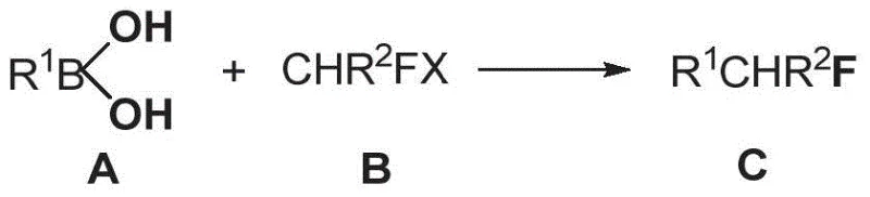 General reaction scheme showing Nickel-catalyzed Suzuki coupling of aryl boronic acid and fluoroalkyl halide to form monofluoroalkyl compounds